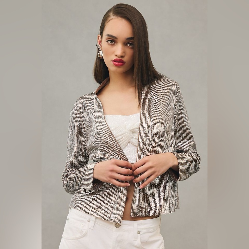 Women's Anthropologie Mare Mare Taupe Silver Sequin Open Jacket XXS Petite